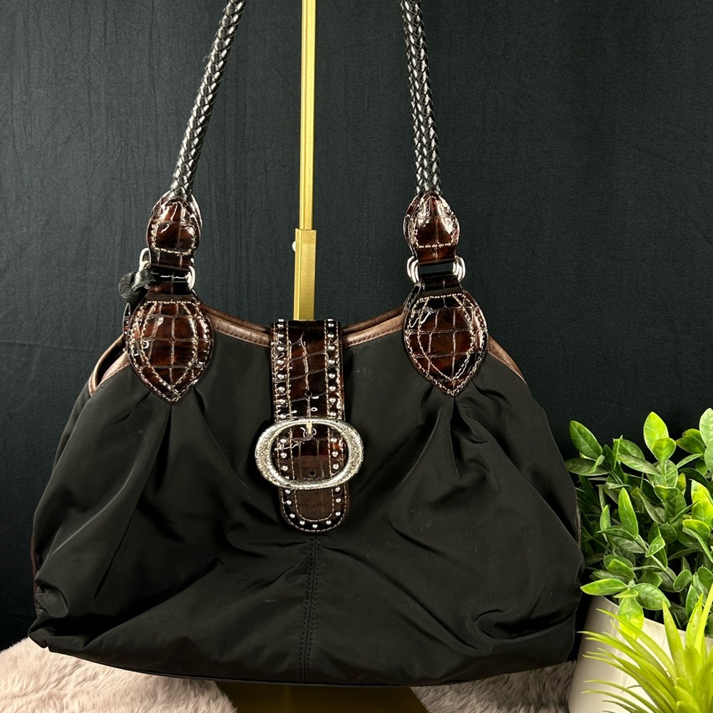 Brighton Vintage Shelly Black Croc-Embossed Leather Shoulder Bag Heart Charm - Picture 2 of 9